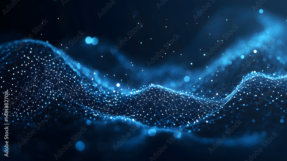 Poster Futuristic digital network with interconnected white dots and light-blue lines against a dark blue bokeh background. Represents data flow and connectivity. Abstract wireframe in dark blue.
