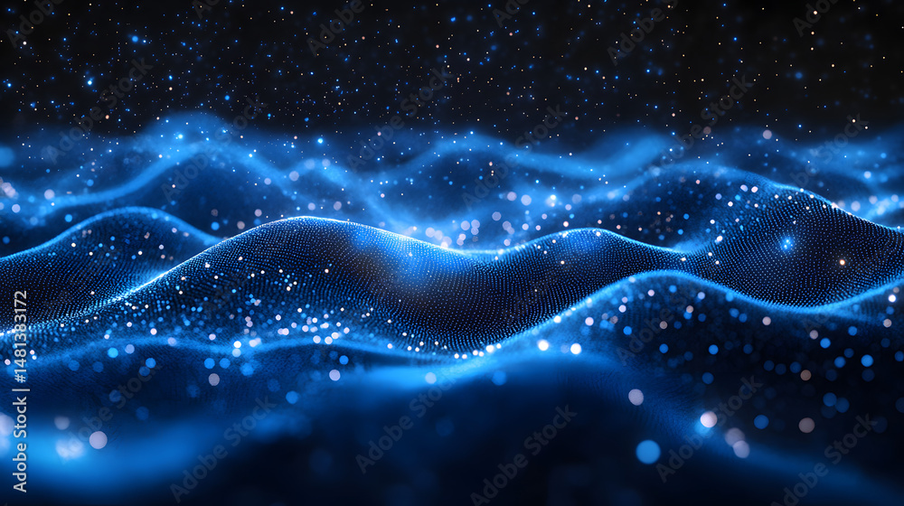 Poster abstract digital landscape with blue dot waves and bokeh lights. evokes depth and wonder, perfect fo