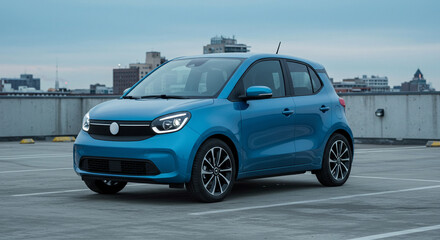 Electric Compact Car Overview Modern City Background Exterior View Shot