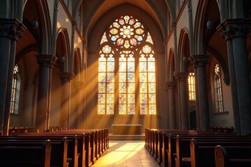 Fototapeta premium Sunlight streaming through stained-glass windows in a church, window, vintage