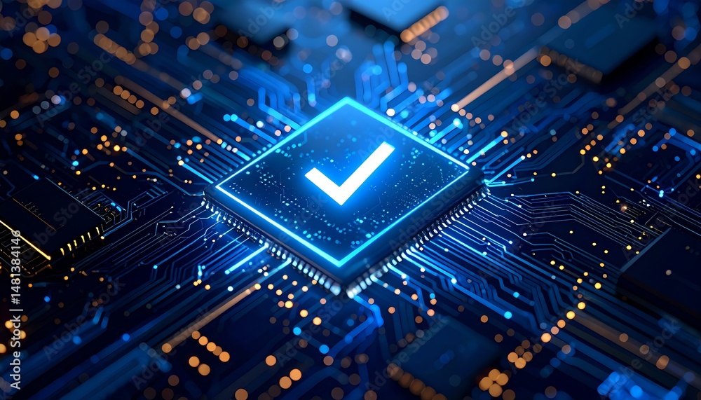Poster a glowing microchip with a checkmark, surrounded by intricate circuits, symbolizes technology, valid