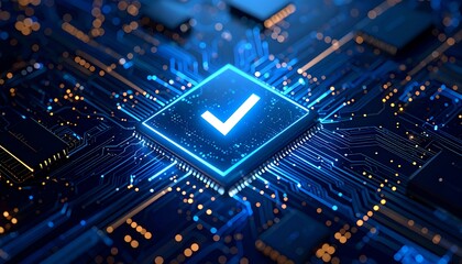 Obraz premium A glowing microchip with a checkmark, surrounded by intricate circuits, symbolizes technology, validation, and digital security in a futuristic setting