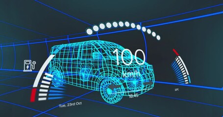 Cyan wireframe SUV cruising through neon grid tunnel, displaying 100 km or h speed and battery icon - Powered by Adobe