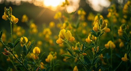 Fototapeta premium Golden hues illuminate a field of birdsfoot trefoil blossoms in gentle light