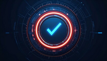 A circular digital design featuring a blue checkmark surrounded by glowing red and blue rings, representing approval or success in a technological context