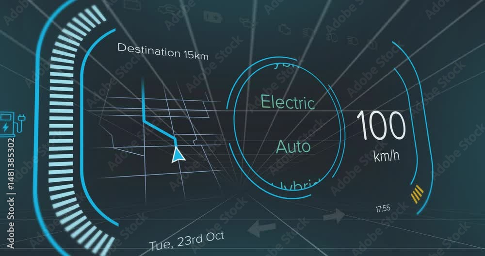 Poster digital auto hud 3d render projecting over dark grid, showing wireframe map and semi-circular ring