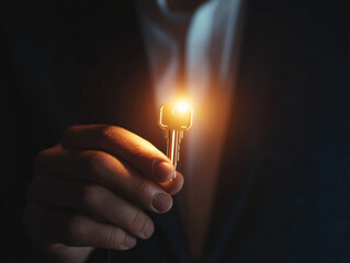 Businessman holding glowing golden key symbolizing success and opportunity in dark background