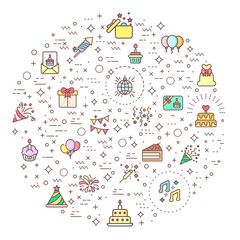 Simple Set of Birthday And party Related Vector Line Illustration. Contains such Icons as celebration, event, cake, Firecracker, invitation, letter, gift, festival, mirror ball And Other Elements.