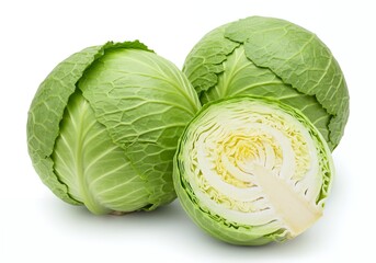 Fototapeta premium Fresh green cabbage heads. Whole and halved, perfect for cooking, salads, and healthy eating.