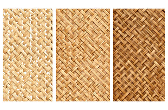 Three different woven rattan texture sets, isolated on a transparent background