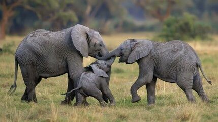 Obraz premium Elephants interacting in a savanna