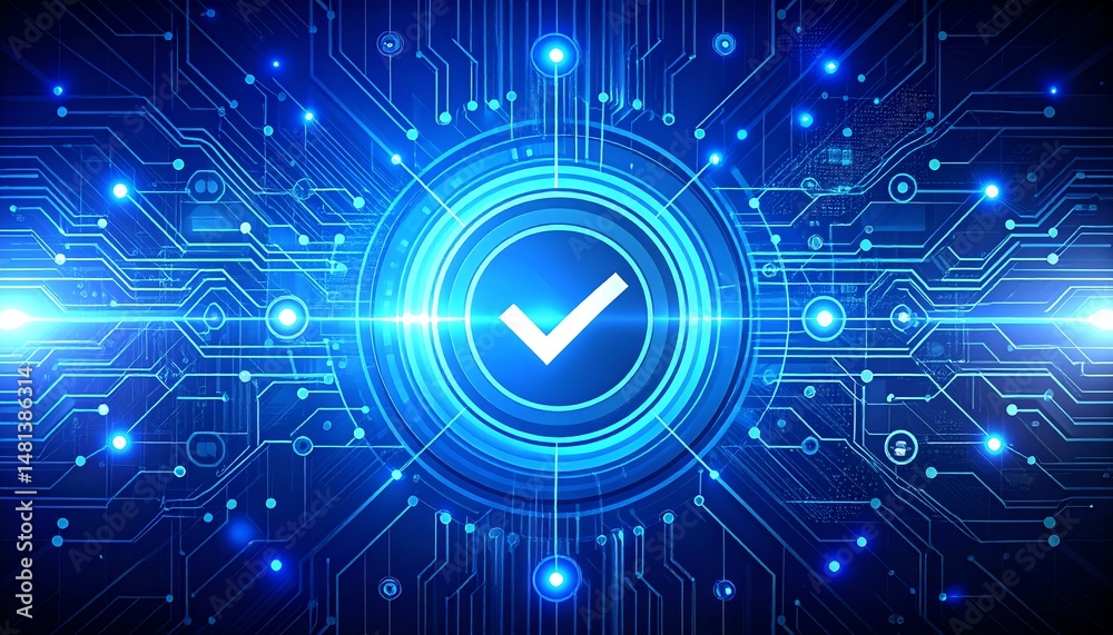 Poster a digital abstract design featuring a central checkmark surrounded by a network of glowing lines and