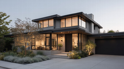 Modern two story house with large windows and warm lighting at dusk