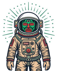A futuristic tribal astronaut, adorned with a vibrant green glowing totem mask, stands against a dark nebula.  Detailed, intricate mask design.