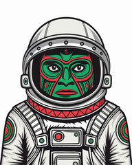 A futuristic tribal astronaut, adorned with a glowing green totem mask, stands against a dark nebula backdrop.  Detailed tribal markings and space suit.
