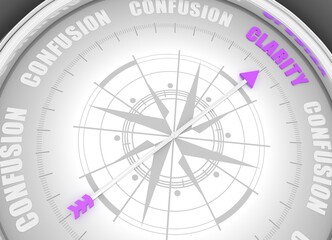 The needle of compass points to the word clarity ignoring the words confusion. Psychology concept. 3D render