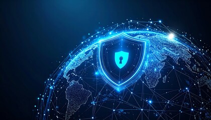 A digital globe with a shield symbolizing cybersecurity, featuring interconnected lines and glowing nodes, representing global data protection