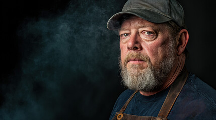  rugged, bearded man in a cap and apron looks intently at the camera against a dark, smoky background.