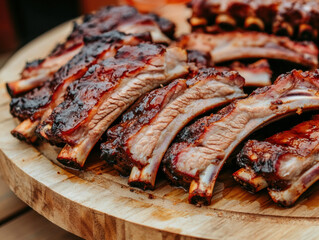 Juicy, glazed barbecue ribs arranged on a wooden platter, ready to be served and enjoyed.
