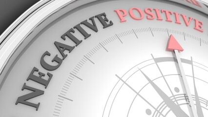The needle of compass points to the word positive ignoring the words negative. Psychology and business concept of opposites, decisions, and uncertainty. 3D render