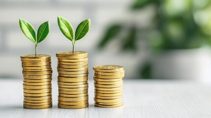 Growing Investments: Seedlings Sprouting from Stacks of Golden Coins