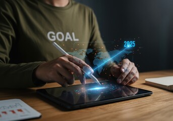 Person using tablet with stylus and 2025 projection