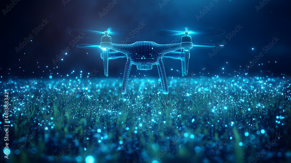 Poster Futuristic drone hovers above a glowing field at night. Blue orbs illuminate the ground, creating a digital network effect. Innovation and technology concept. Abstract wireframe in dark blue.