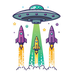 A pixel art UFO, emitting vibrant rockets with pixelated explosions, descends against a dark night sky.  Focus on the pixelated effect and dynamic action.