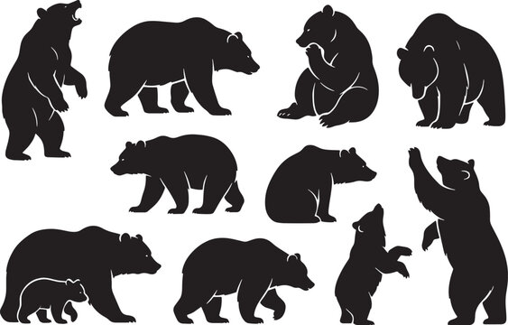 Bear Silhouette Vector Set. Wild Animals in Various Poses.