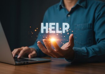 Fototapeta premium Person using laptop with glowing help text above hand