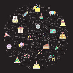 Simple Set of Birthday And party Related Vector Line Illustration. Contains such Icons as celebration, event, cake, Firecracker, invitation, letter, gift, festival, mirror ball And Other Elements.