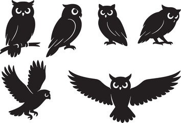 Owl Silhouette Vector Illustration Set on White Background.