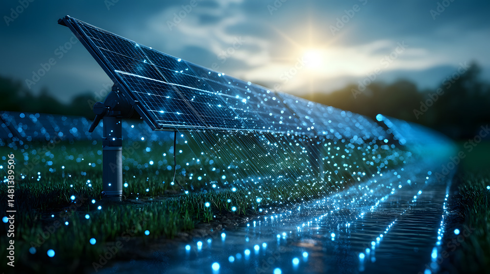 Poster sunlight dances across a field of solar panels, creating mesmerizing light patterns on water, grass,