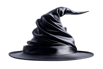 Dark magic hat with shiny ribbon isolated on png.