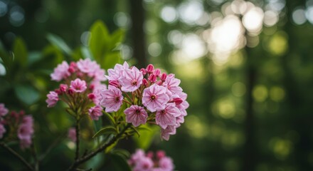 Obraz premium Mountain laurel blossoms in a lush forest, showcasing delicate pink petals