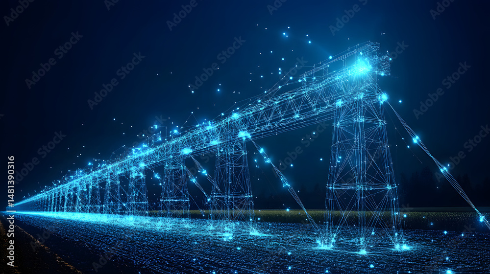 Aufkleber futuristic power grid visualization featuring luminous blue wireframe transmission towers against a 
