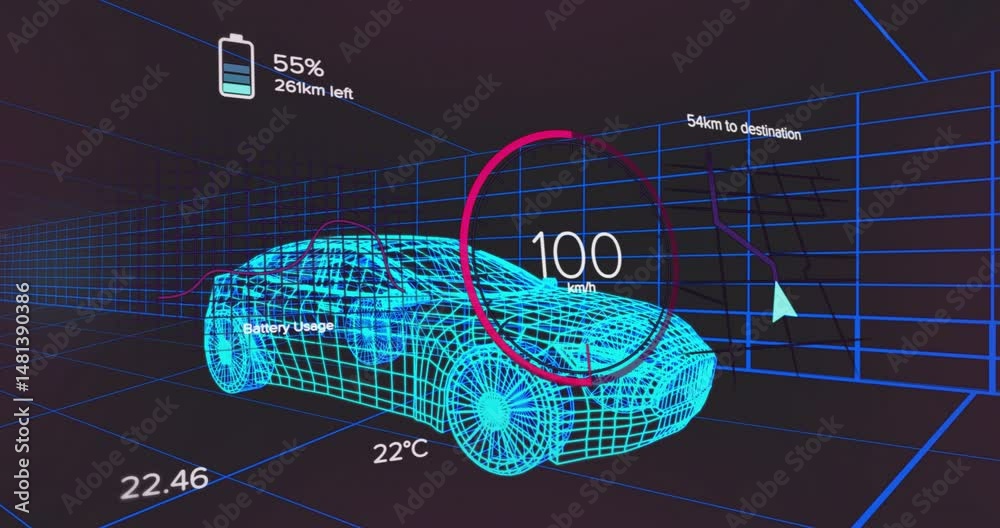 Poster neon blue wireframe car model displaying speed gauge battery graph and navigation map in 3d grid