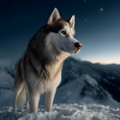 A majestic husky stands proudly against a stunning snowy landscape, capturing the essence of wilderness and companionship in the winter chill.