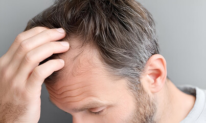 Fototapeta premium A man experiencing hair loss, expressing concern over thinning hair and its impact on self-image and confidence.