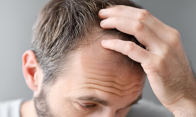 Fototapeta premium A man reflects on his feelings of stress and anxiety while running a hand through his hair, contemplating life's challenges.