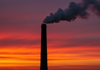 Tall chimney emitting smoke against a vibrant sunset sky