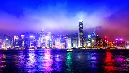 A vibrant city skyline illuminated at night, showcasing colorful lights reflecting on the water, with misty mountains in the background