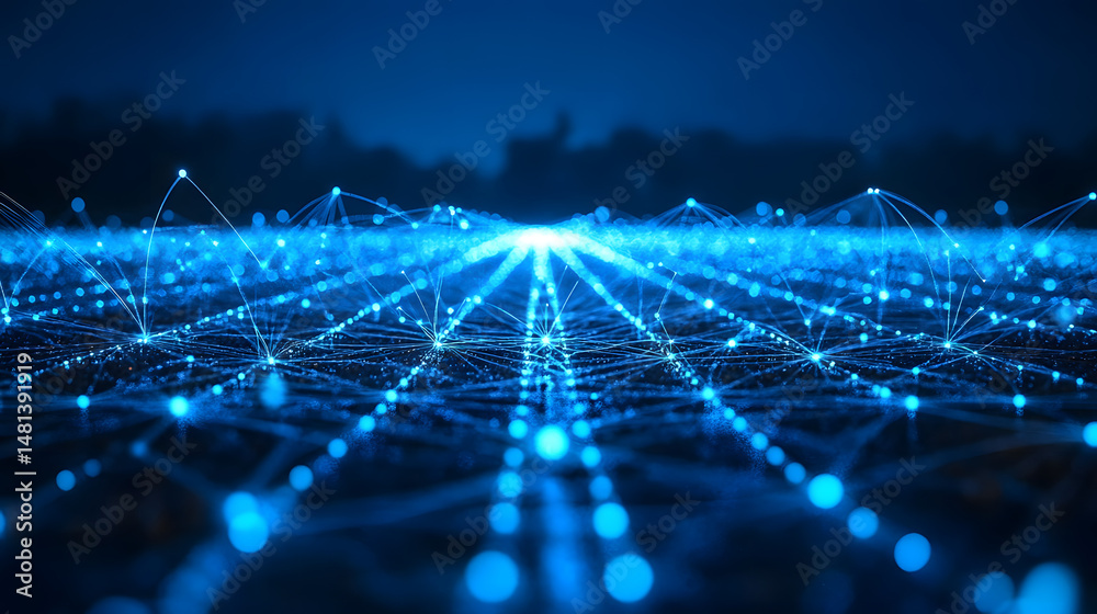 Poster futuristic network visualization with glowing blue nodes connected by lines above a blurred cityscap