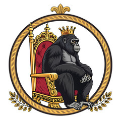 Majestic gorilla king, regal crown, seated on ornate throne within a circular royal badge frame.  Intricate details, powerful presence.