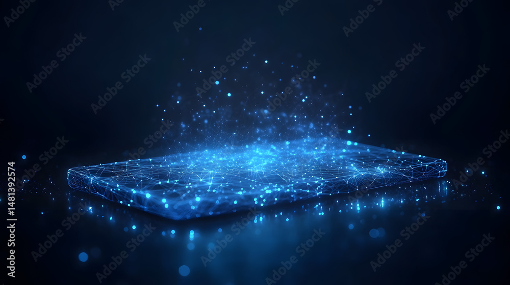 Aufkleber Futuristic technology display featuring a glowing blue digital platform. Networked lines and particles suggest advanced connectivity and data visualization. Abstract wireframe in dark blue.
