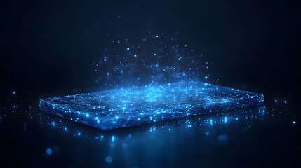 Futuristic technology display featuring a glowing blue digital platform. Networked lines and particles suggest advanced connectivity and data visualization. Abstract wireframe in dark blue.