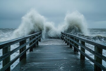 Powerful waves crashing over a wooden pier in a stormy sea
