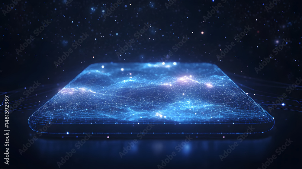 Fototapete Futuristic smartphone concept with a dynamic, blue landscape display against a starlit backdrop. Advanced technology and digital connectivity visualized. Abstract wireframe in dark blue.