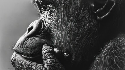 Chimpanzee profile, pondering with hand on face, thoughtful expression in greyscale tones