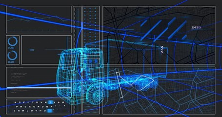 glowing blue wireframe cargo truck model moving across neon dashboard with charts gauges code map - Powered by Adobe
